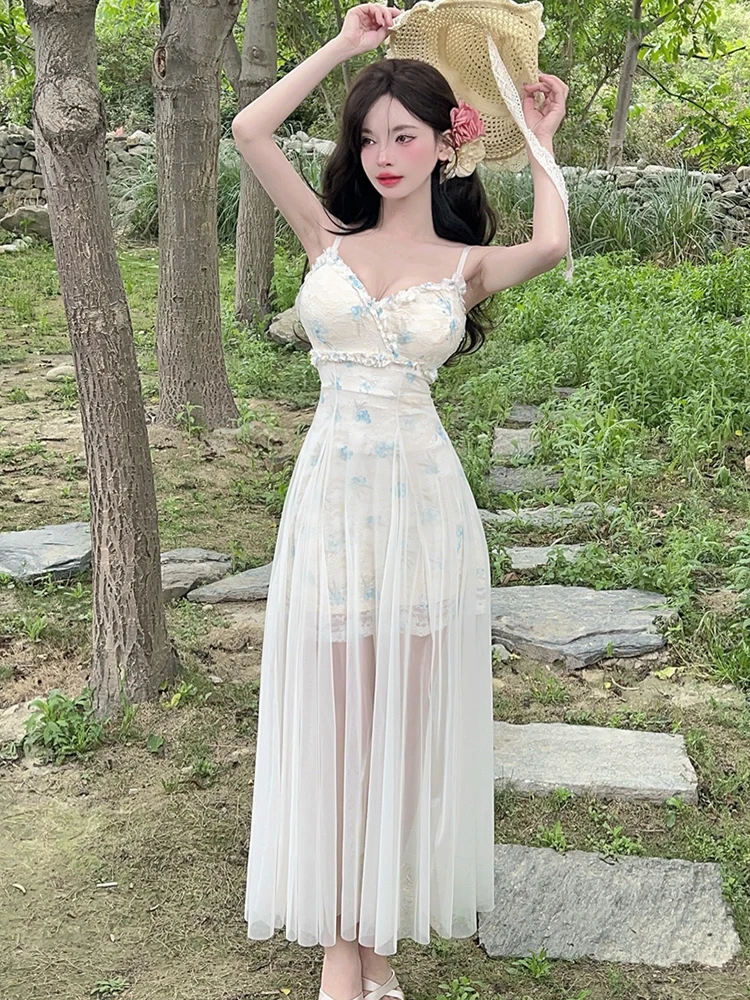 2025 موضة جديدة الجاكار المرقعة شبكة ماكسي فساتين الصيف أنيقة Bodycon فستان بكتافة غير رسمية المرأة الكورية نمط الشاطئ فساتين