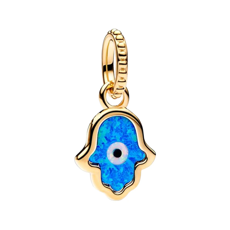 Shine Gold Protective Hamsa Hand Pendant Charms For Women Jewelry Making DIY Original Bracelets Opalescent Blue Opal Beaded Bail