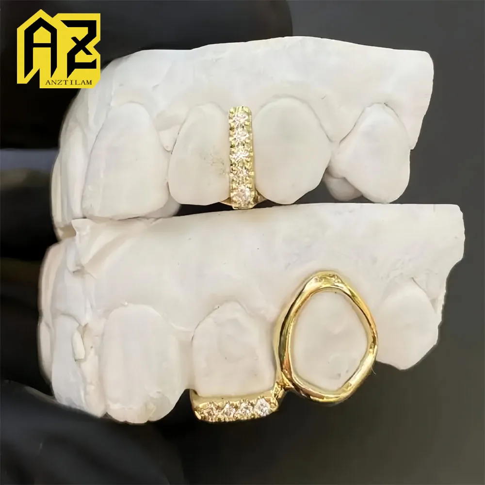 Anztilam 2 Pcs Set Iced Out Grillz Teeth Full Zircon Grills Men Women Hip Hop Tooth Grills Caps Brass Fashion Jewelry Free Ship
