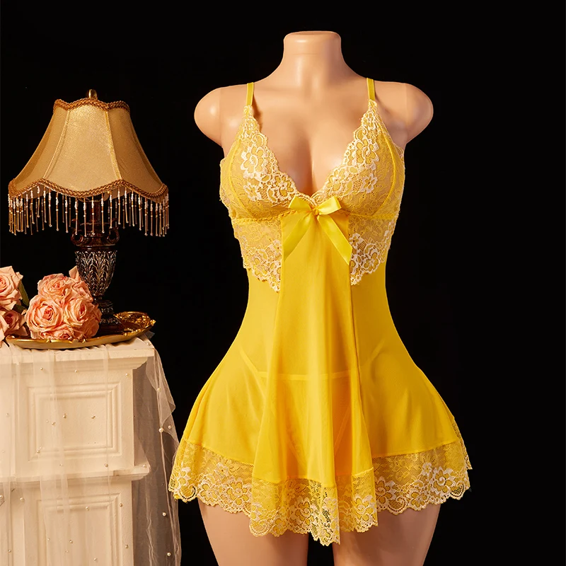 Sexy Lingerie Women Deep V Sleepwear Sling Transparent Underwear Nightgown Lace Nightdress Erotic Pajamas Costumes