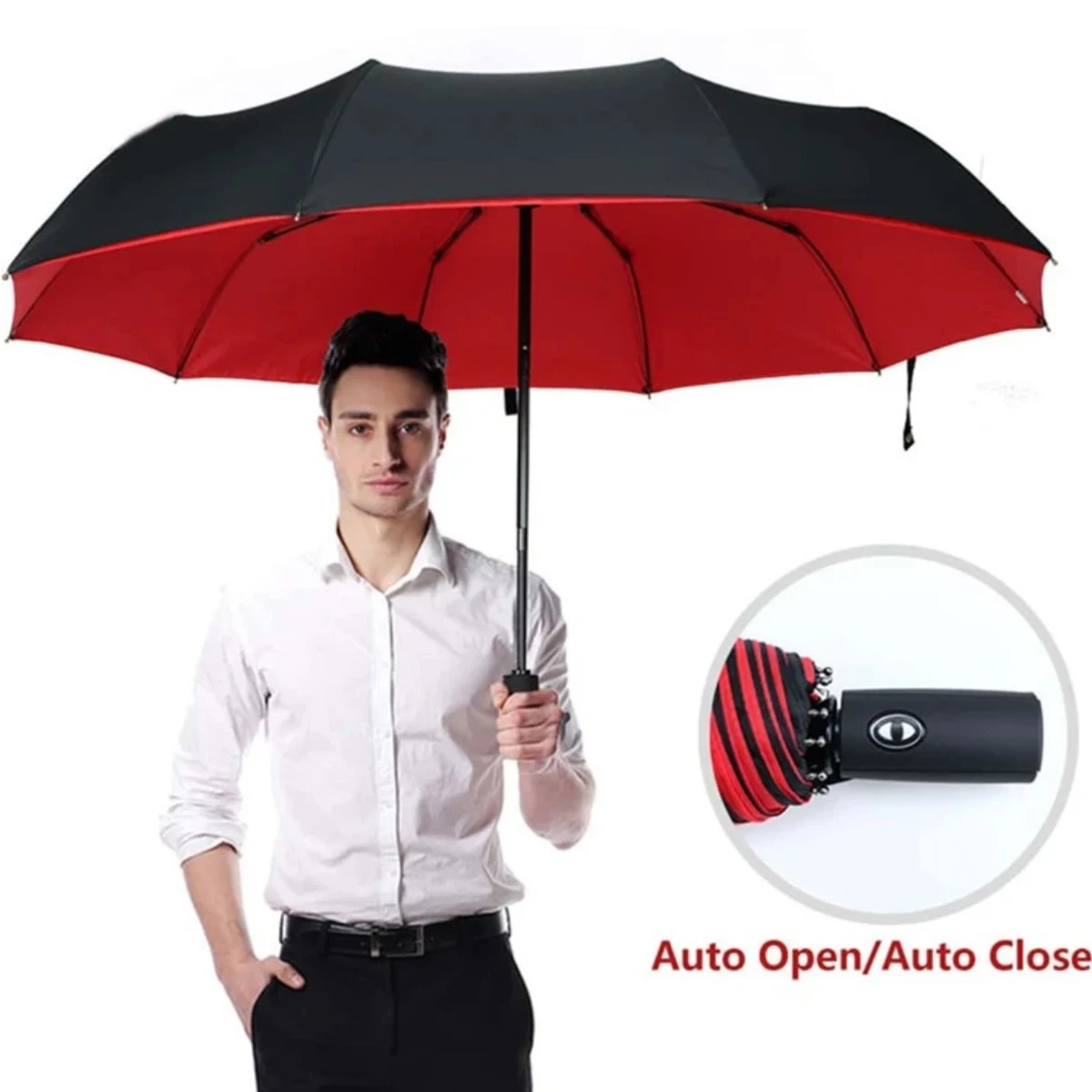 Extra großer automatischer Regenschirm mit langem Griff, doppellagigem Sonnenschutz, windbeständig, schwarzer Gummi, für Männer und Frauen.