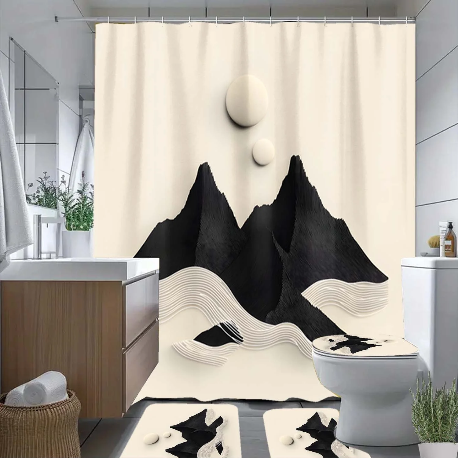 

4pcs Mountain, Moon, Wave Pattern Shower Curtain with Hooks, Bathroom Partition Curtain, Bathroom Accessories, Home Decor
