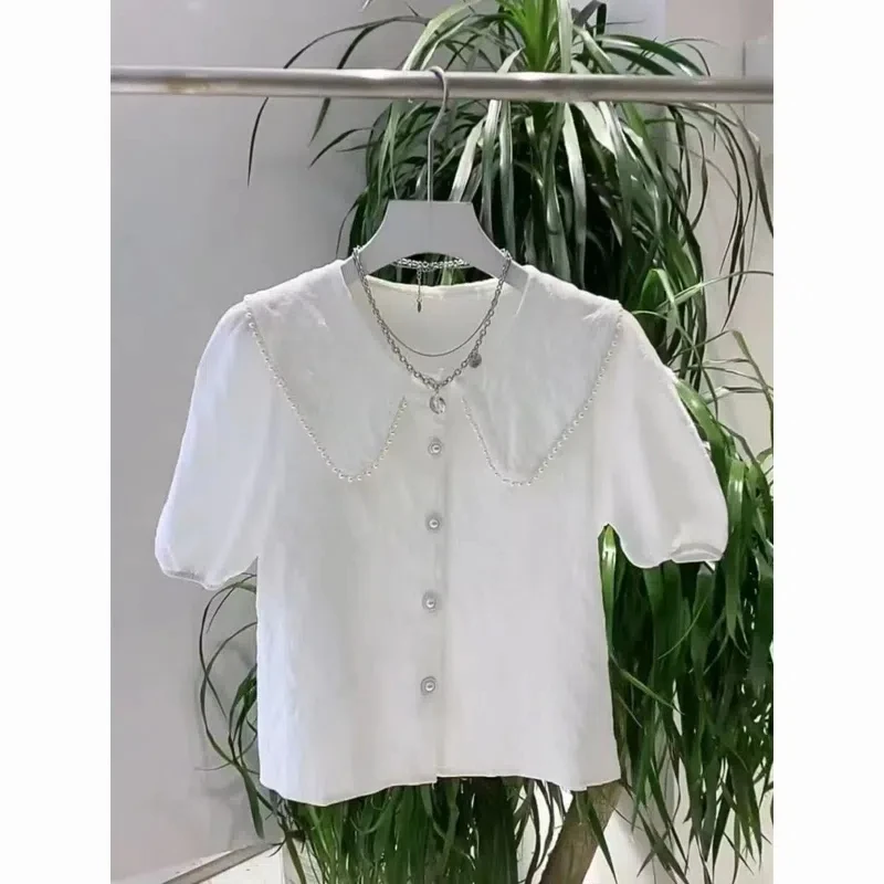 Peter Pan Collar Embroidered Flares Summer Solid Color Women\'s Clothing Short Sleeve Button Up Cardigan T-shirt Casual Tops