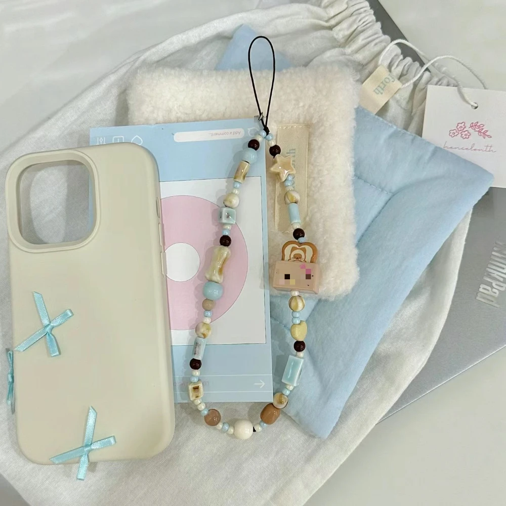 Cute Milky Blue Toast Phone Charm Strap Anti-lost Camera Lanyard Colorful Bead Pendant Keychain