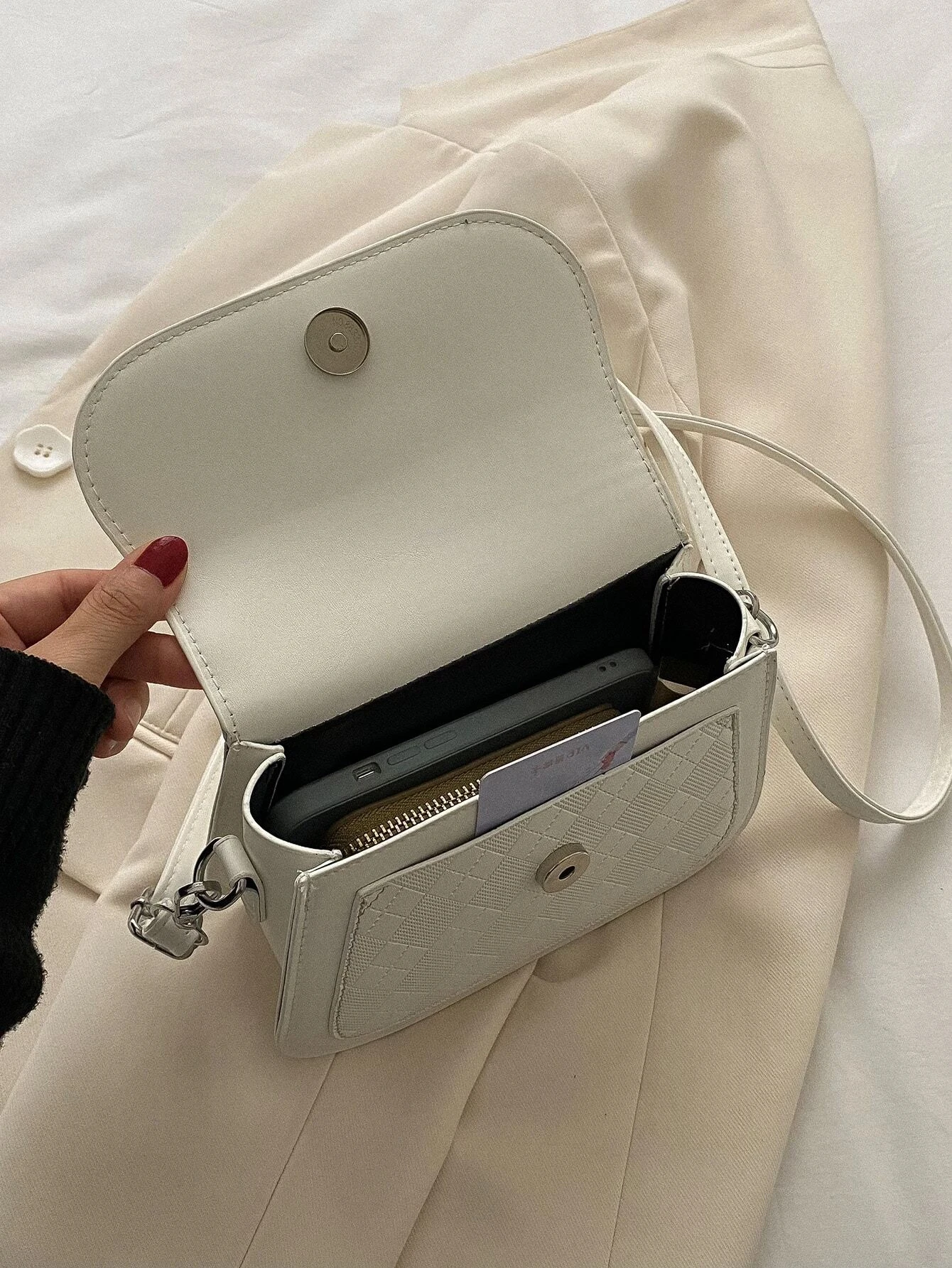 Mini Plaid Embossed Square Bag Stylish PU Leather Crossbody Bag Solid Color Flap Shoulder Bag Perfect Sling Bag For Daily Use