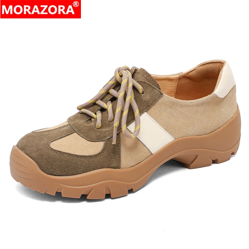 

MORAZORA, размеры 34–42, новые женские кроссовки из коровьей замши, весенне-осенняя повседневная обувь на платформе со шнуровкой на плоской подошве