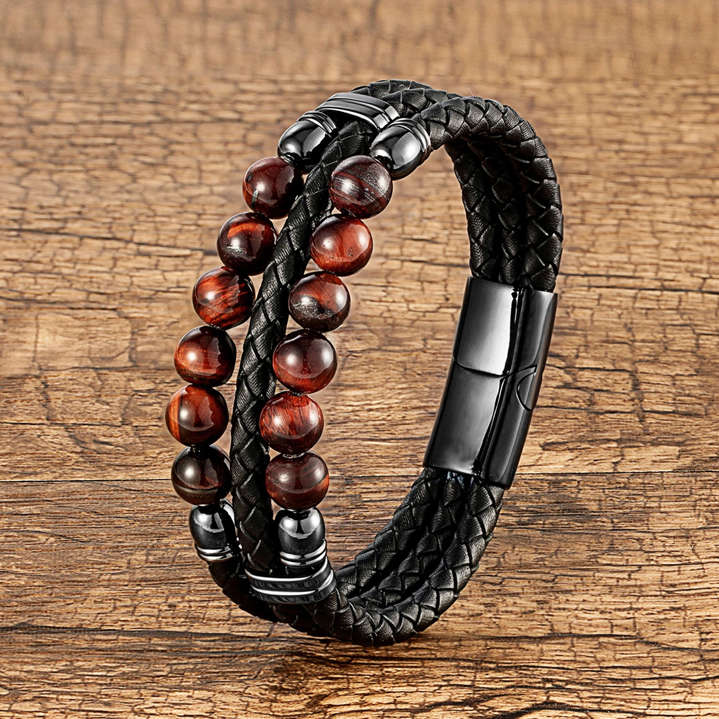 High Quality Natural Round Lava Stone Charm Bracelet For Man Retro Multilayer Leather Bangles Tiger Eye Jewelry Bracelet Homme