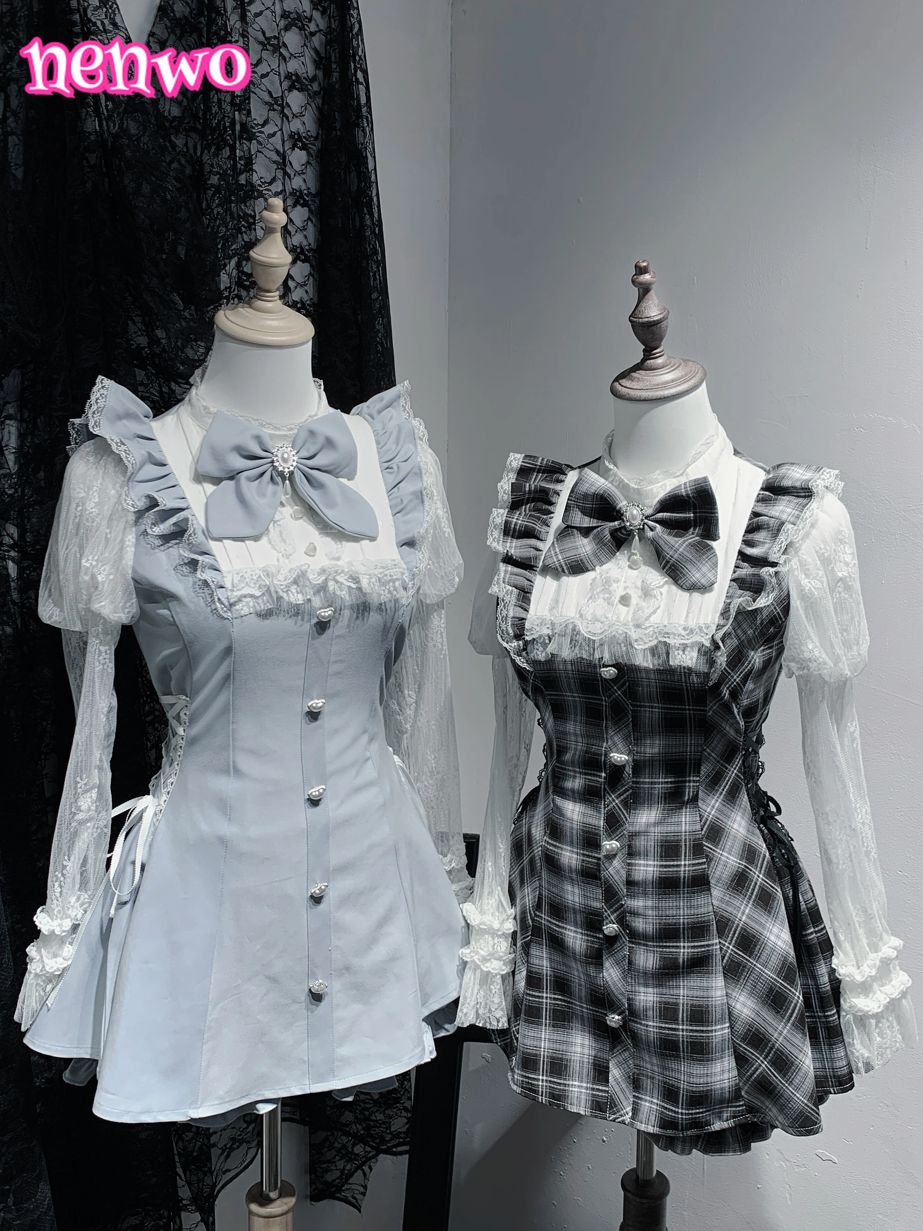 

Наряды, японское массовое производство, милое платье Лолиты, с длинными рукавами, кружевной строчкой и бантом, тонкие платья Mines, комплекты с шортами для девочек, женские комплекты