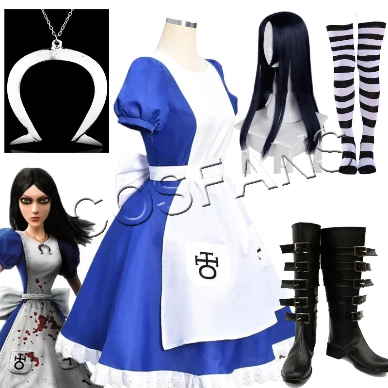 Disfraz de Cosplay de Alicia Madness Returns para mujer, vestido de sirvienta, delantal y medias, collar de Halloween, zapatos con peluca