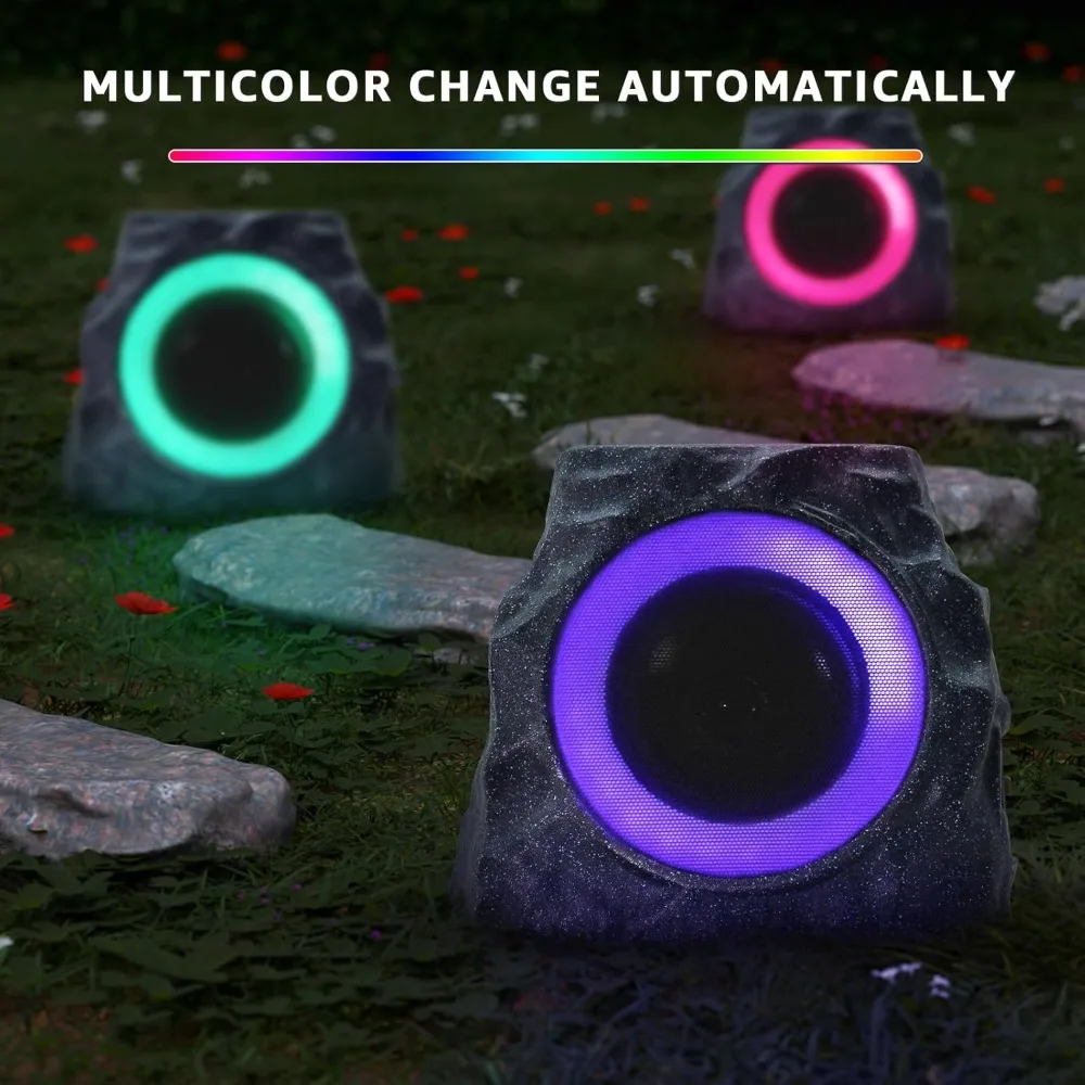 

2-Pack Solar Powered Rock Speakers Outdoor Water-Resistant IP44 Rock Speaker with Lights RGB Colors and USB Charging for Patio