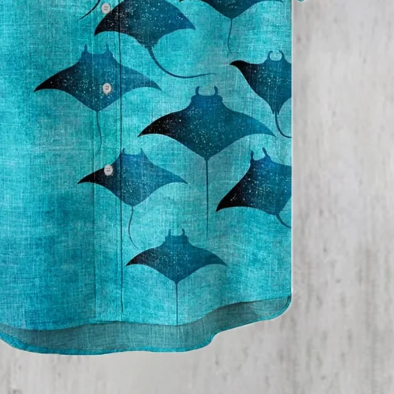 Bohemian Sea Men's Manta Rays Art Print Linen Blend Casual Shirt Young Japanese Single Breast Short Sleeve Summer Spring Blouses