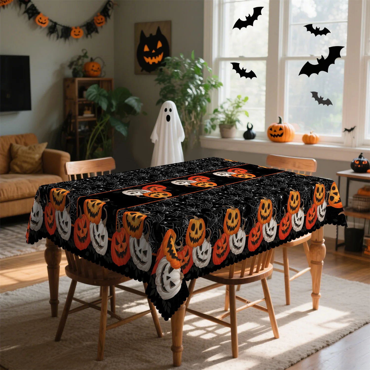 Scary-faced pumpkin spider web leaves Halloween tablecloth - Washable table decoration, suitable for picnicszyc
