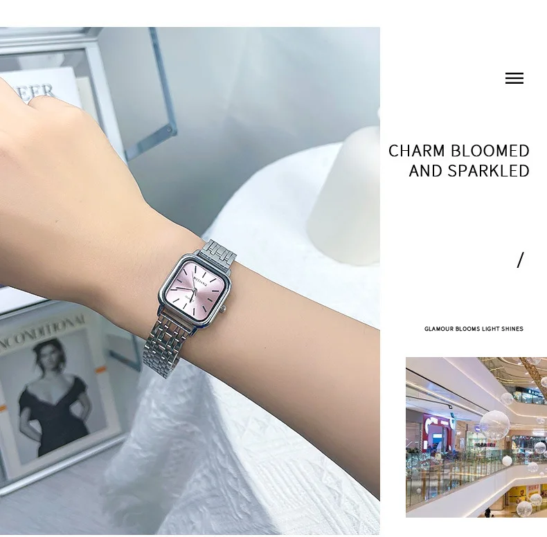 Edelstahl-Uhr für Damen, Ins-Stil, einfache Quarzuhr für Studenten, lässige Mode, vielseitige Luxus-Armbanduhr mit kleinem quadratischem Zifferblatt – Detail 12