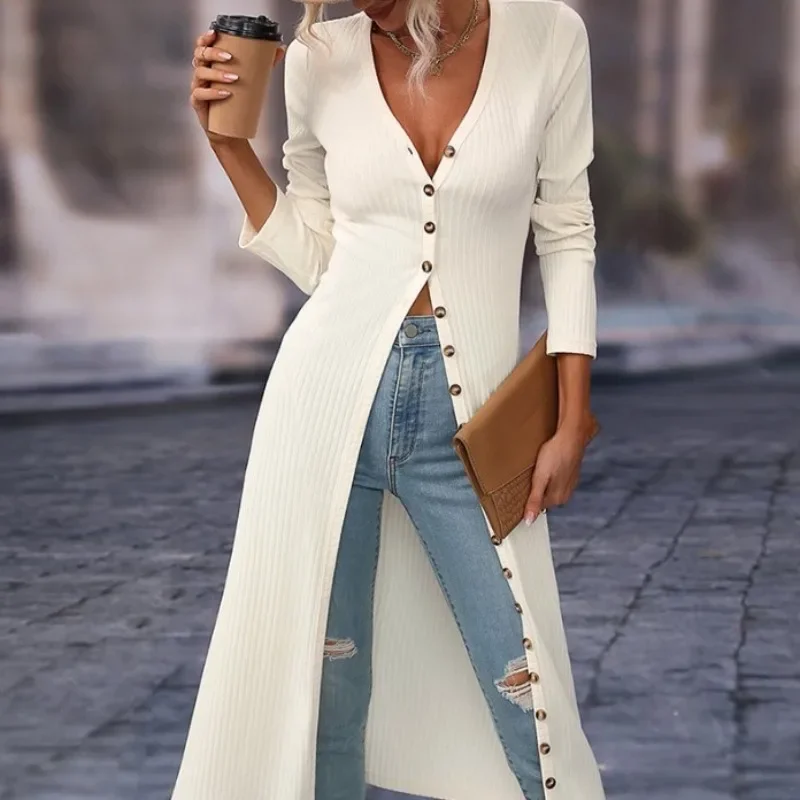 

Женский однобортный трикотаж с длинным рукавом, однотонный свободный кардиган, пальто