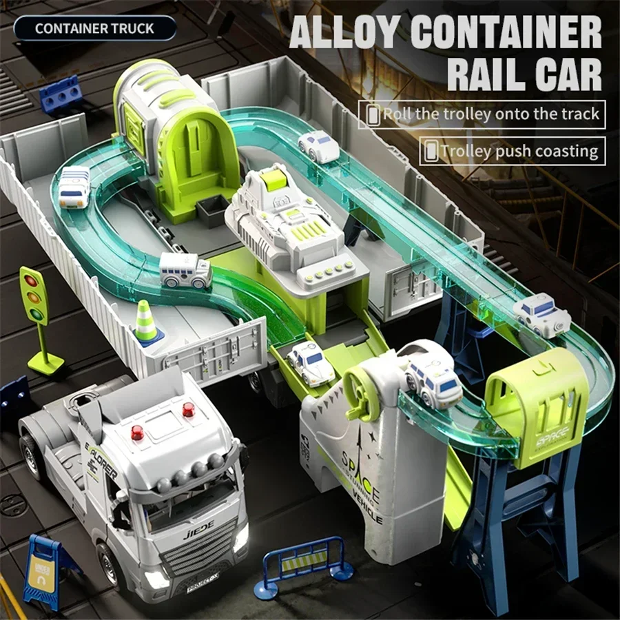Duży kontener ze stopu, wagon magazynowy, tor wyścigowy dla dzieci, transformujący się model kontenerowego ciężarówki z oświetleniem, prezent świąteczny dla dzieci.