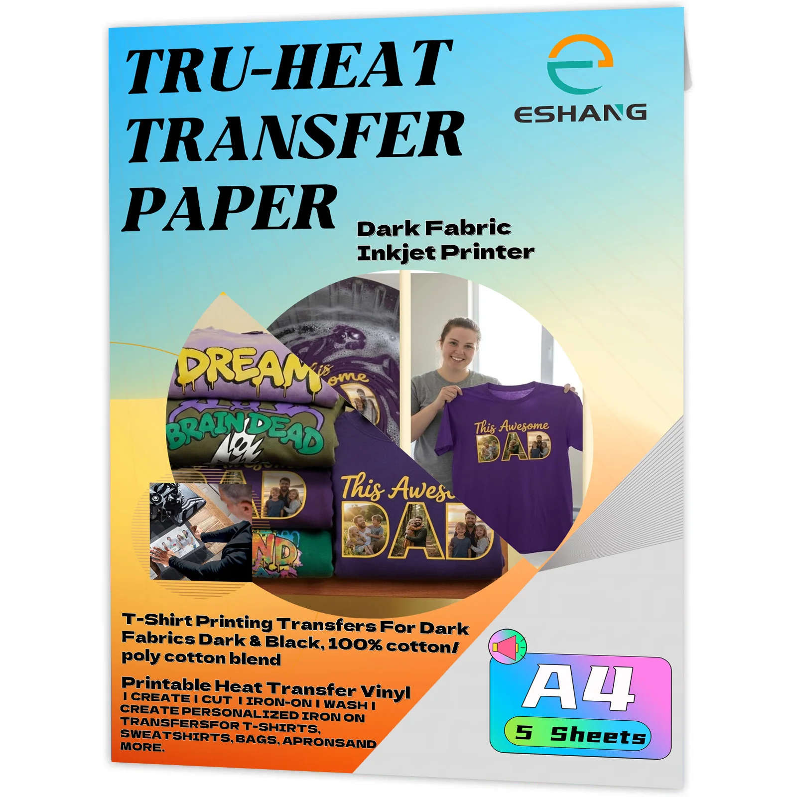 Dark Heat Transfer Paper for A4 5 pcs Printable  Heat Transfer Vinyl for Inkjet Printer Iron on Transfers for Dark Fabrics