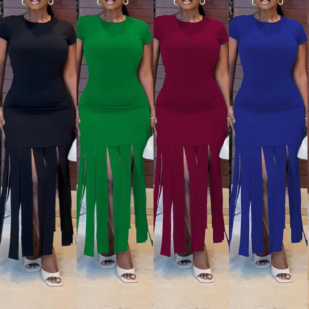

Large Size Women's Dress with Tassel Base Skirt Elegant A-Line Long Dress Zipper Side Opening Wrap Body Skirt for City Walk