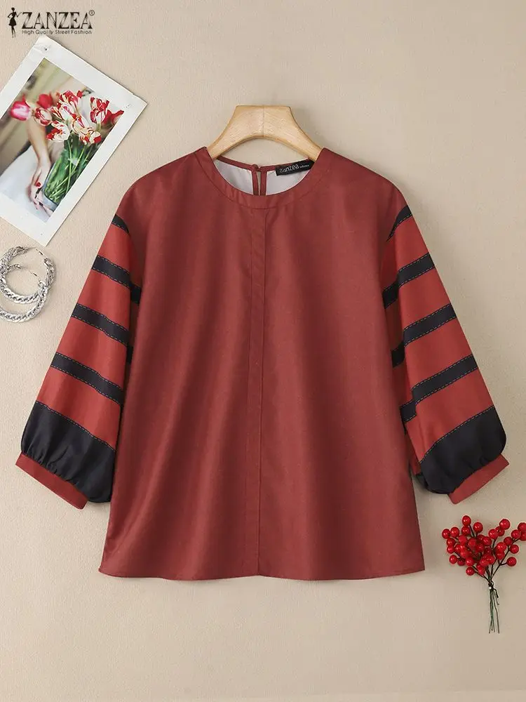 ZANZEA Autumn Blouse Women Stylish Contrast Color Blouses Elegant 3/4 Lantern Sleeve Work Shirt Casual O Neck Blusas Tunic Femme