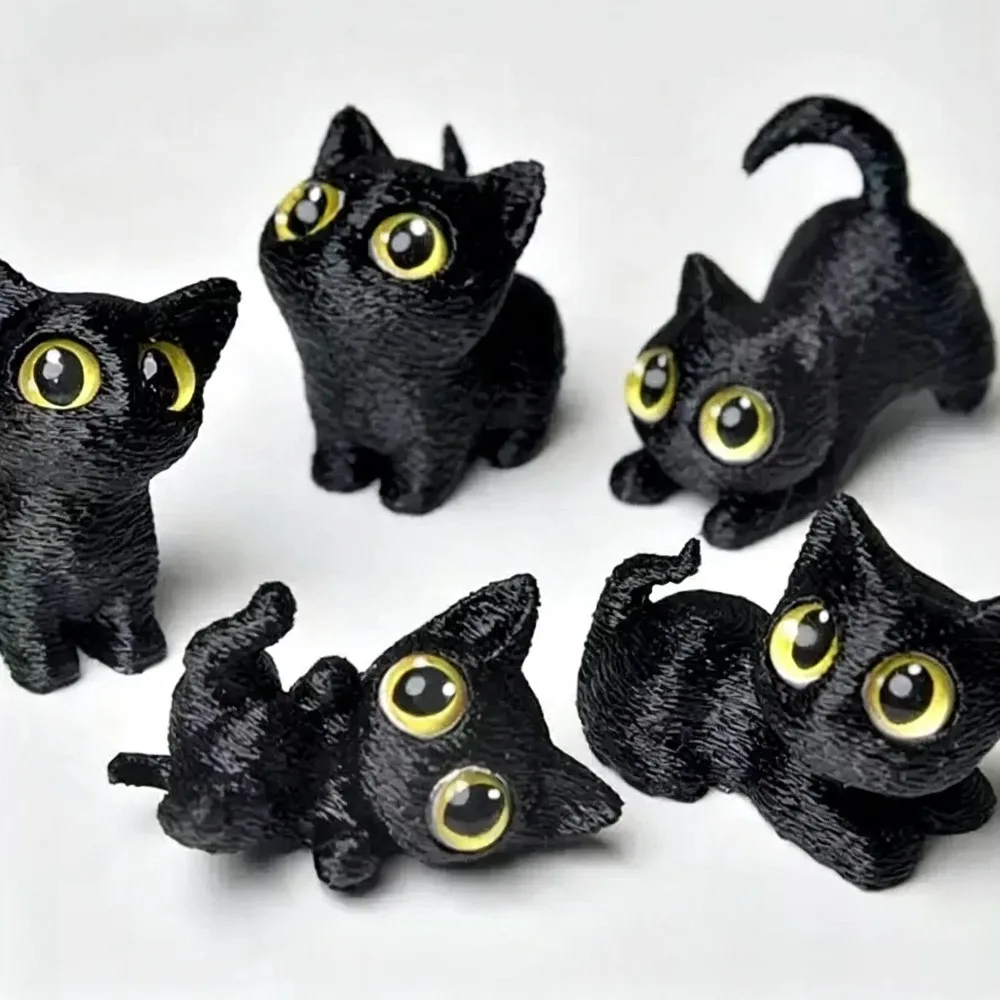 3D‑Printed Cute Big‑Eyed Cat 5‑Pcs Set, Desktop Craft Ornaments, Mini Collectible Figurines for Home Table Decor