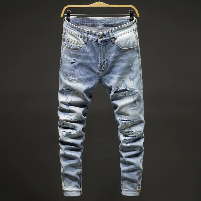 Men Bleached Light‑Blue Whisker Wash Subtle Scratched Abrasion Stretch Skinny Denim Jeans Hip‑Hop Streetwear Denim Jeans