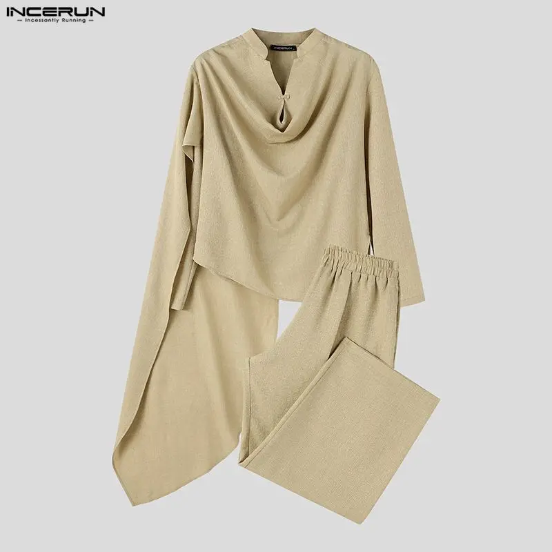 Men's Sets Solid Streetwear Vintage Long Sleeve Irregular Shawl Shirt Pants Two Piece Sets Men Matching Sets Tracksuits INCERUN