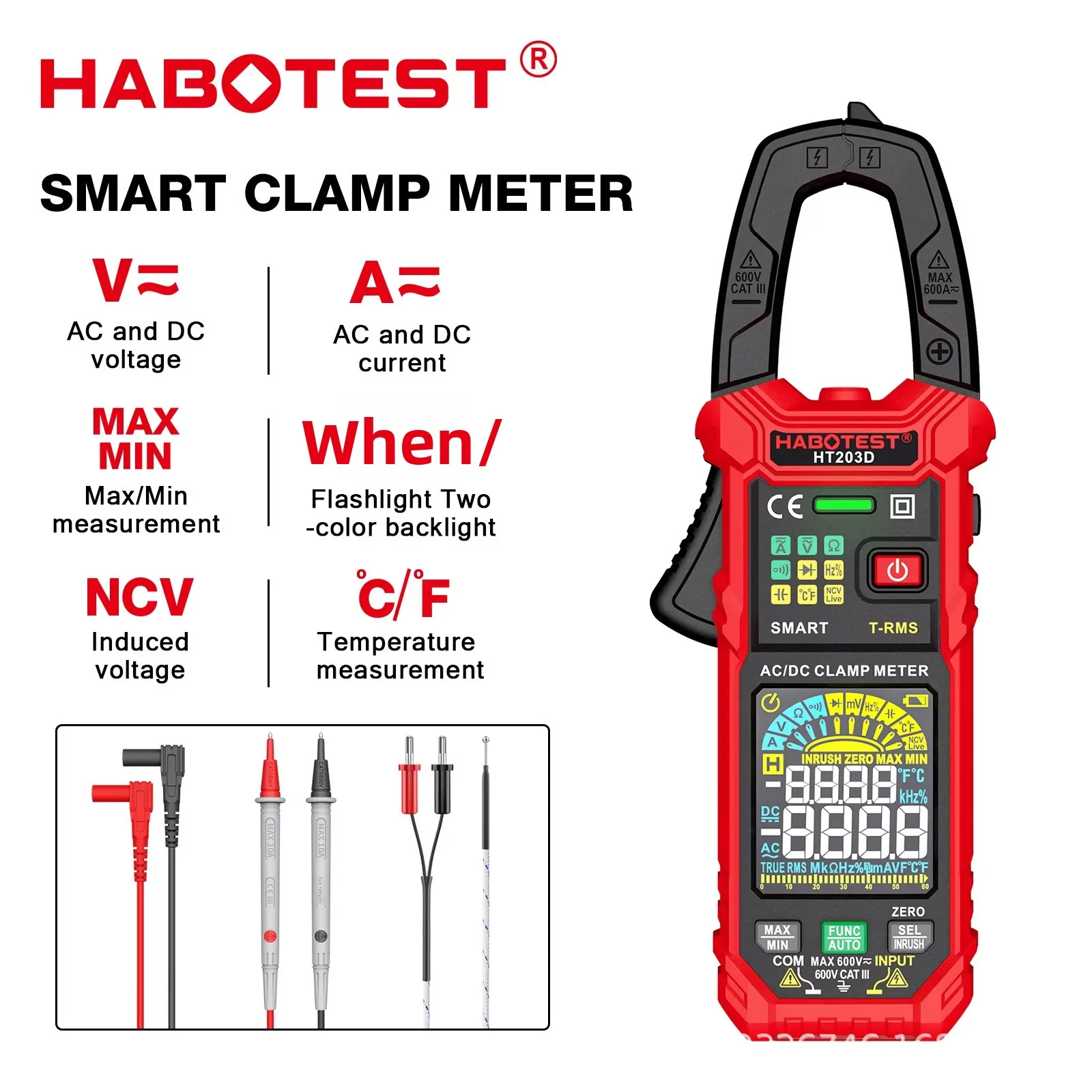 HABOTEST HT203D Electrician Multifunction Clamp Meter High Precision True RMS Capacitance Resistance Temperature Frequency