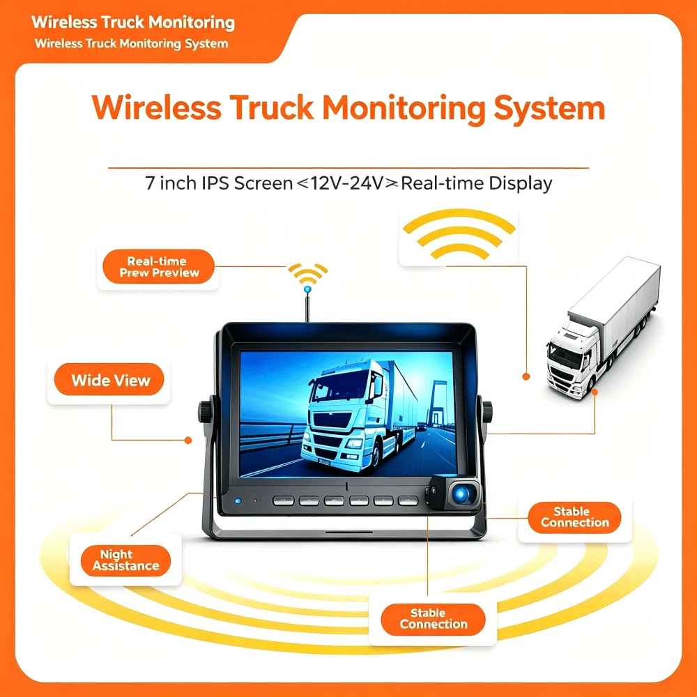Waterproof Night Vision Rear View Camera for Truck RV Bus，7 Inch IPS Digital Wireless Truck DVR Monitor System 12-24V