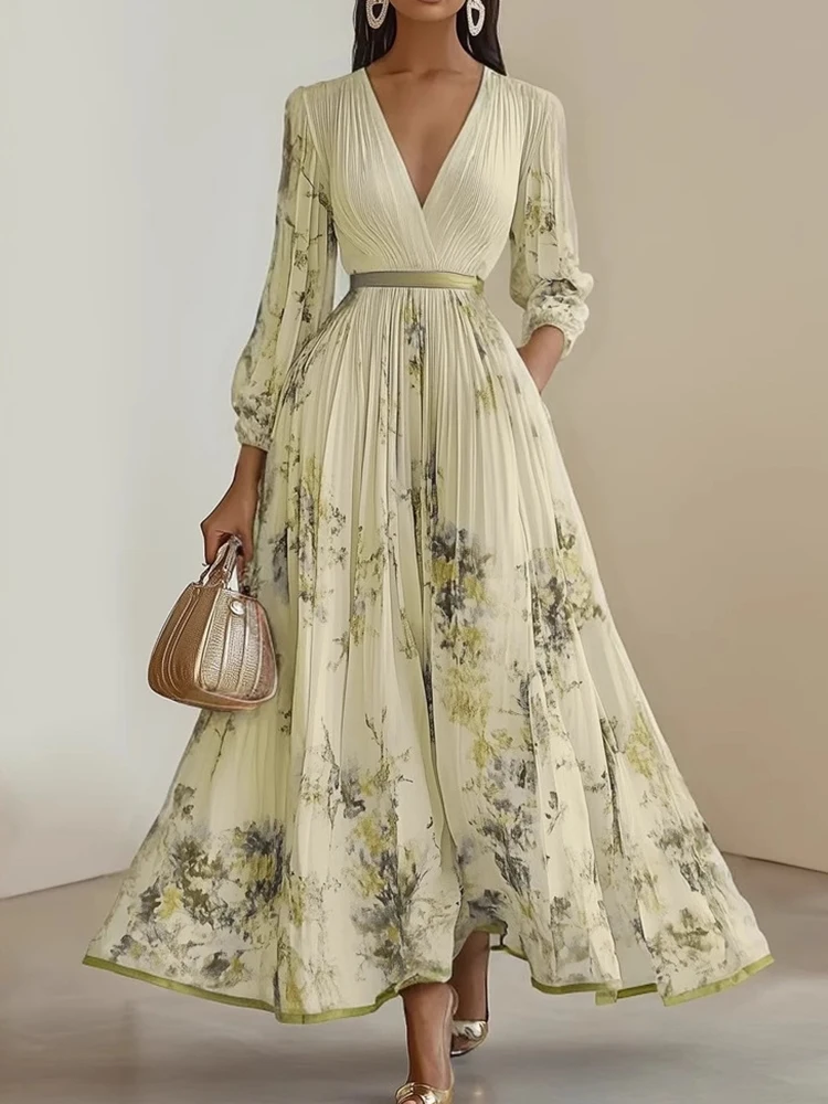 ฤดูใบไม้ผลิฤดูร้อนใหม่แขนยาวชุดพรรคเรียบง่ายผู้หญิงลึก V คอ Chic พิมพ์ชุด Maxi, 2025 Patchwork แฟชั่นสุภาพสตรีชุด