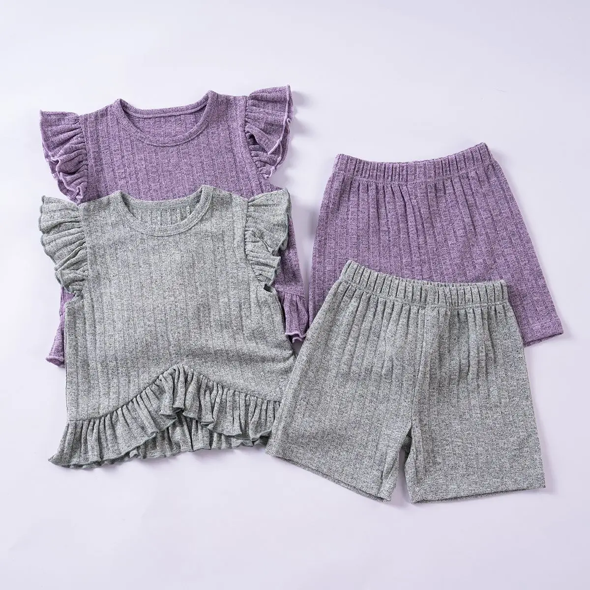 Girls' Knitted 2-Piece Fashion Set, Flutter Sleeve Ruffle Round Neck T-Shirt & Shorts Outfit, Soft & Comfortable, Casual & Versa