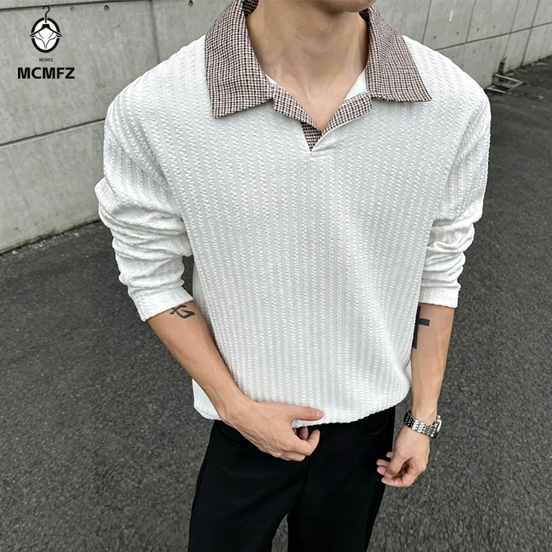 Male Spliced Check Collar V Neck Polo Shirt Ribbed Texture Knit Long Sleeve Loose Cut Street Casual Top
