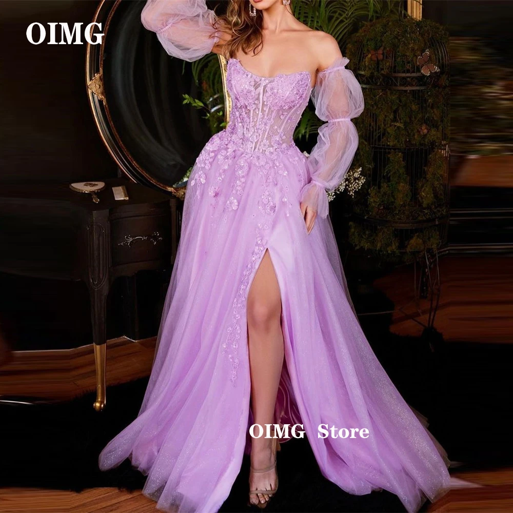 

OIMG Lilac Tulle Sparkly Boho Prom Dresses Puff Long Sleeves Strapless Applique Split Evening Gowns Fairy Party Engagement Dress