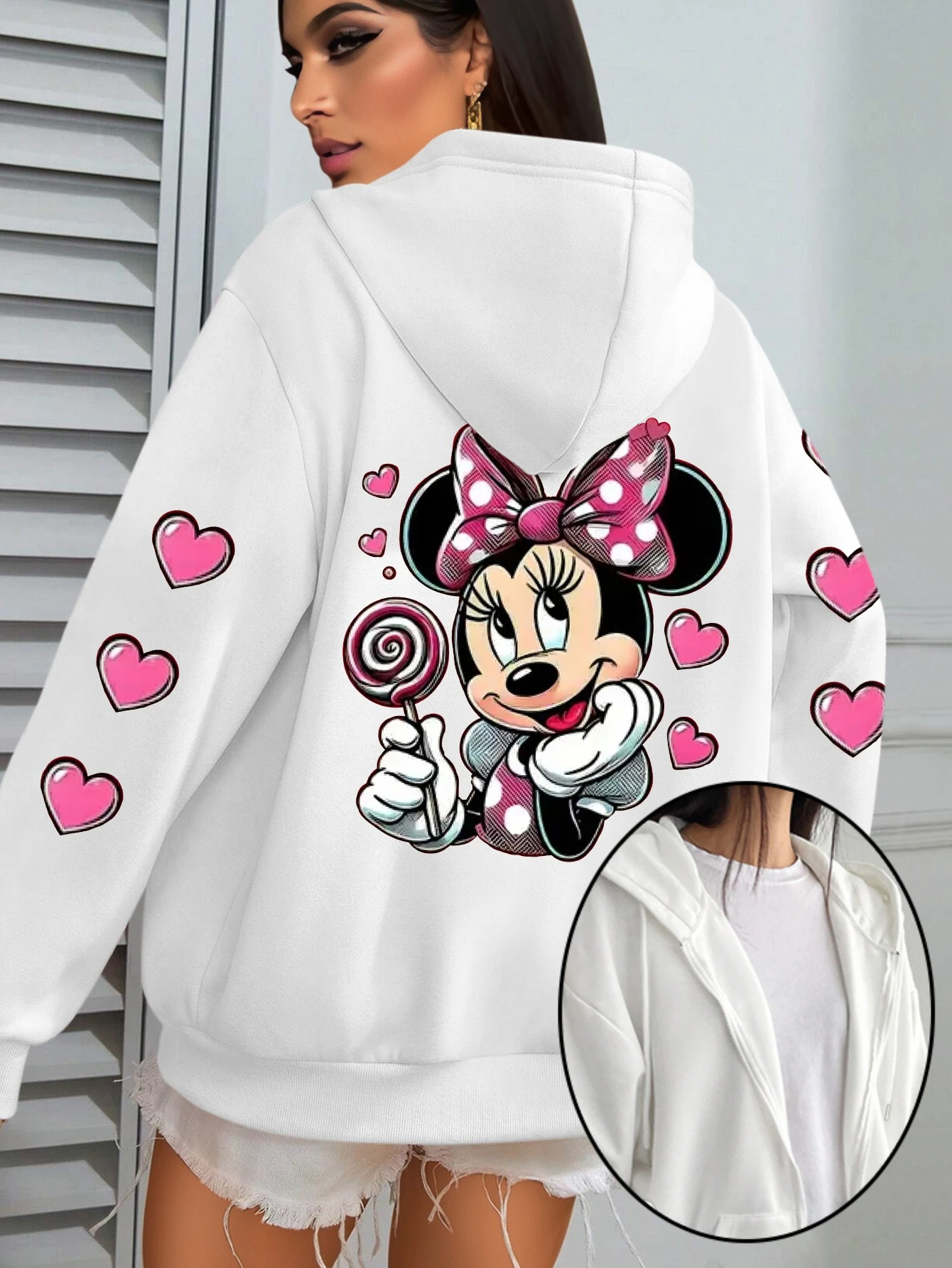 

Disney Minnie Mouse Holds Onto Love Heart Zipper Hoodies Sweatshirt Fleece Women's Men Cotton Autumn Winter Pullover Oversized