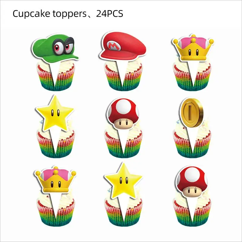 Super Marios Birthday Party Decoration Happy Birthday Cake Topper Cartoon Bros Cup Cake Flag Kit Gold Coin Peach Princess Decor