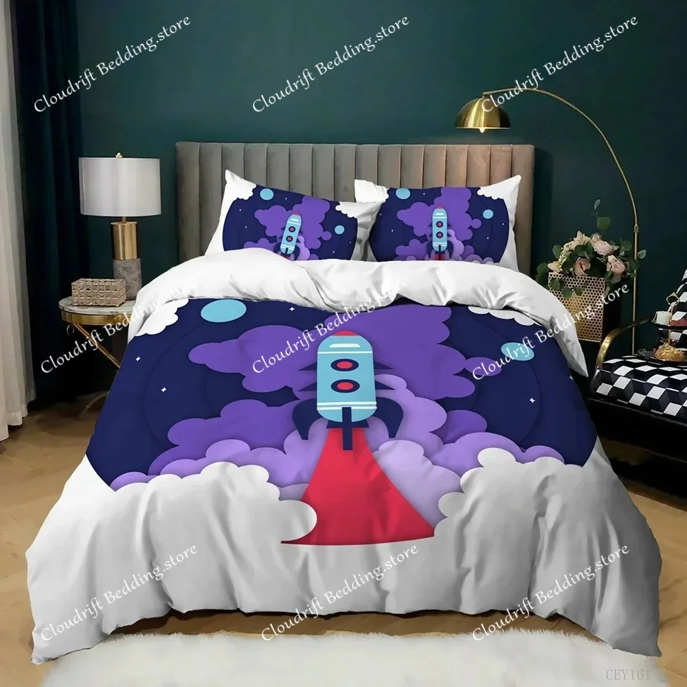 Cartoon Duvet Cover Set Science Fiction Space Themed with Earth and Rocket,Decorative Bedding Set,Queen Size Quilt Cover