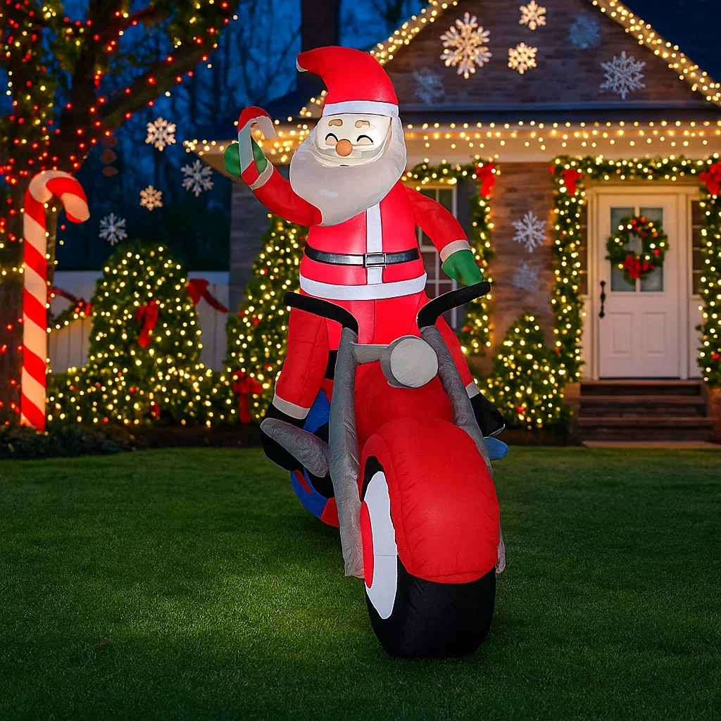 5.9FT Santa Claus Motorcycle Inflatable Christmas Decorations Xmas Ornaments Lights Outdoor Home Yard Holiday Party Decor Toys