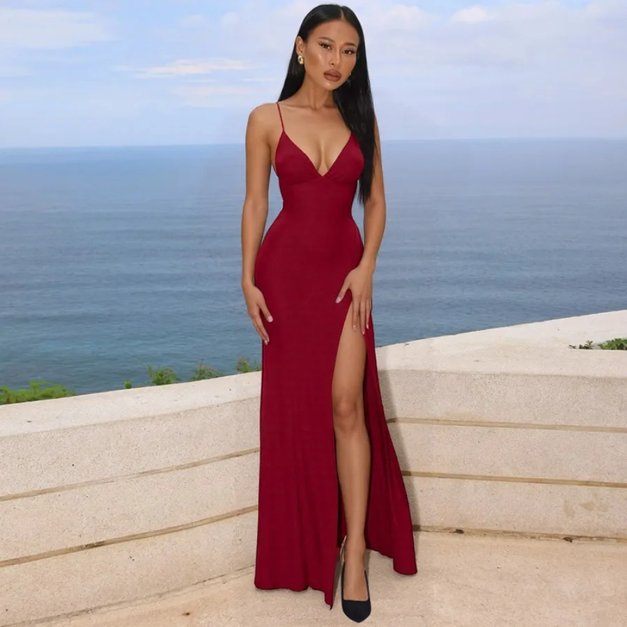 

【HOT】European and American style women's clothing summer new fashion hot girl V-neck slim split sexy backless suspender dress