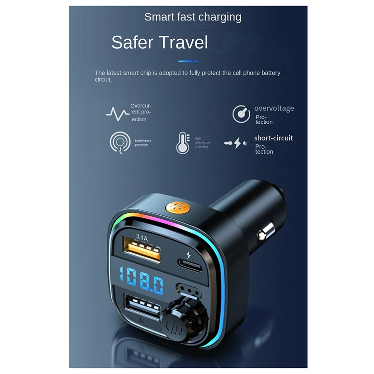 A77Q-Bluetooth 5.0 FM Transmitter Car Radio Modulator MP3 Player with Colorful Atmosphere Breathing Light PD+USB Fast Charge