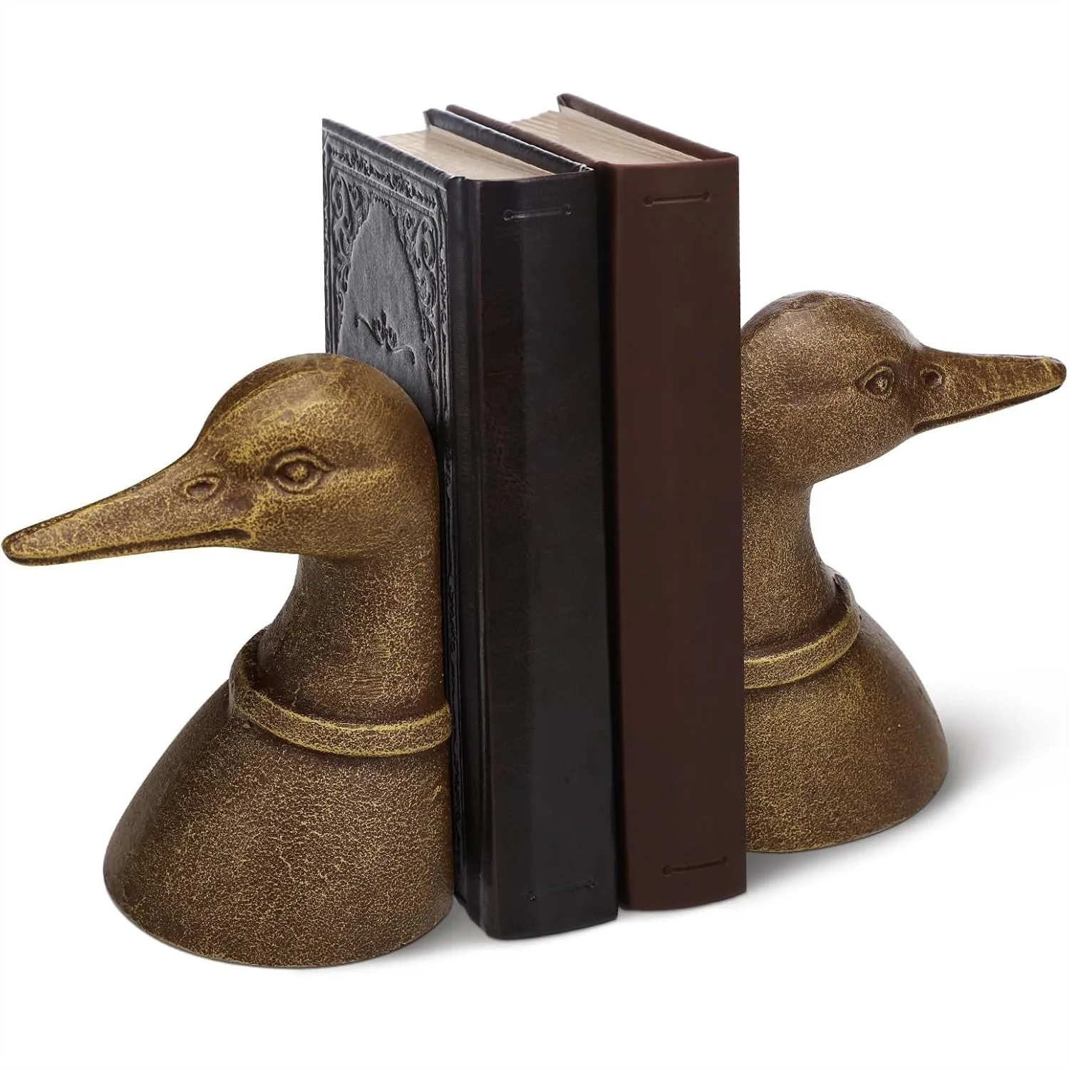 

Vintage Brass Duck Head Bookends Set of 2 for Shelves, Rustic Cast Metal Book Ends for Home Office Organizer, 4.25x3x5.75 Inches