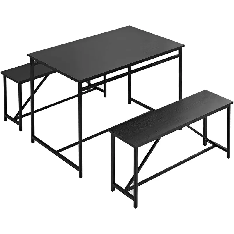 3 Piece Dining Room Table Set 43 Inch Kitchen Table with Two Benches Breakfast Table with Metal Frame Dining Room Home Black