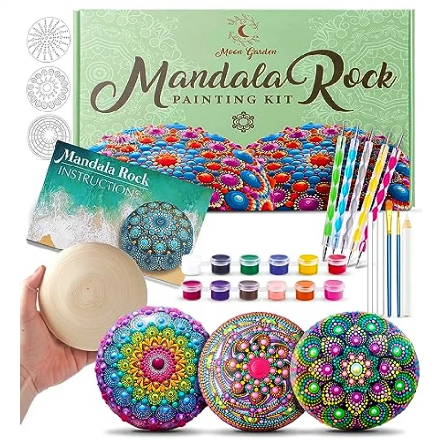 

Moon Garden Mandala Rock Painting Kit Mandala Dotting Tools Kit Large Wooden Rocks for Painting Stencils Acrylic Paints Dotting