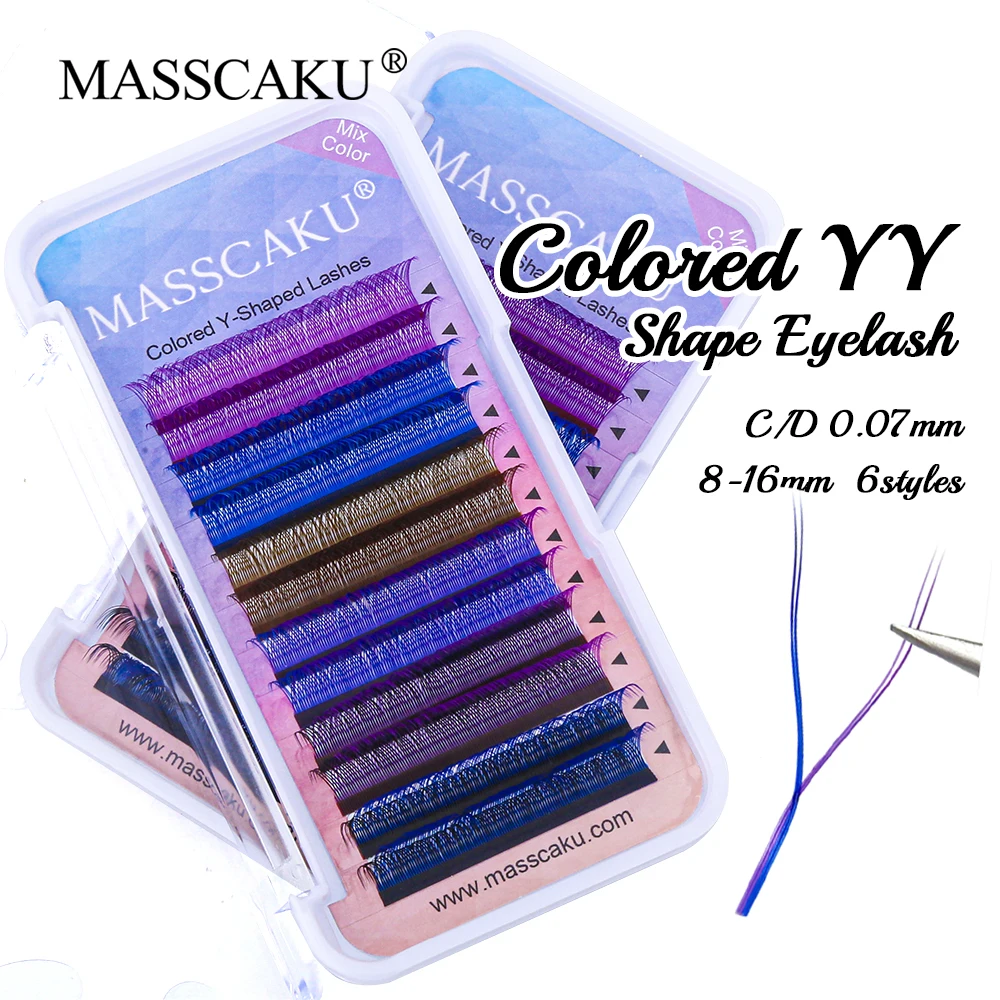 

MASSCAKU High Quality 0.07mm C D Curl 8-15mm Single Length Purple Blue Brown Mixed Color YY Style Eyelashes Extensions Vendor