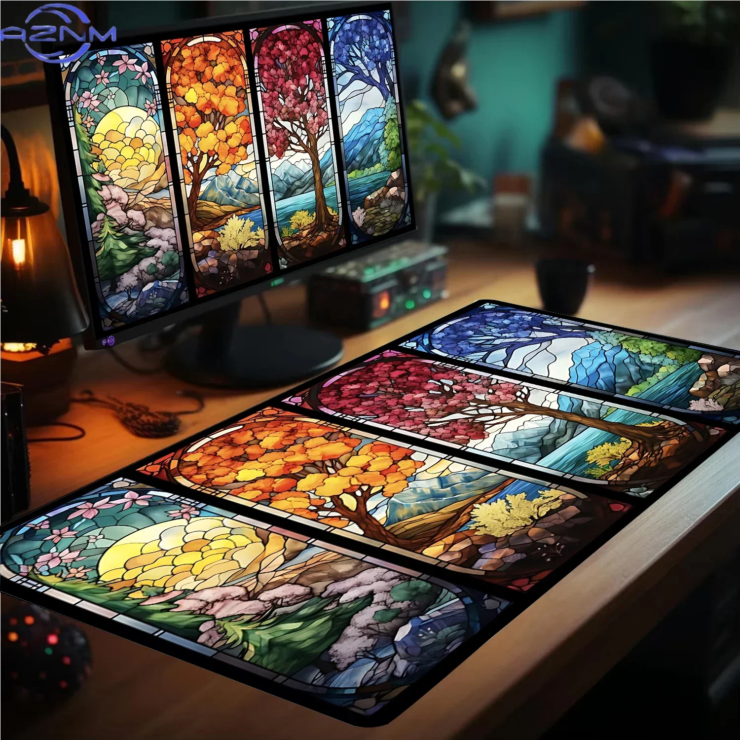 Stained‑Glass Four Seasons Tree Large Playmat, Colorful Scenery Non‑Slip Rubber Desk Mat TCG Card Game Mouse Pad