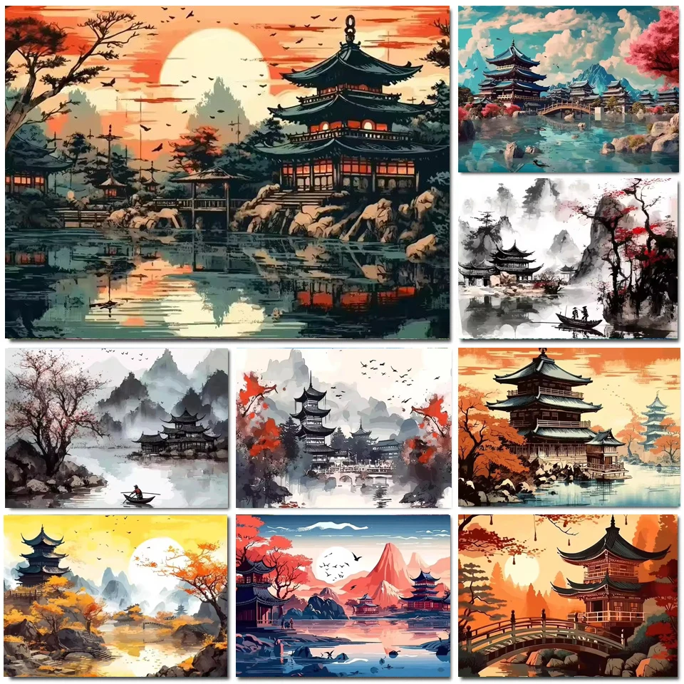 5D Diy Diamond Painting Kits Ink Japanese Temple Moon Landscape Diamond Embroidery Cross Stitch Full Mosaic Rhinestone Bar Art