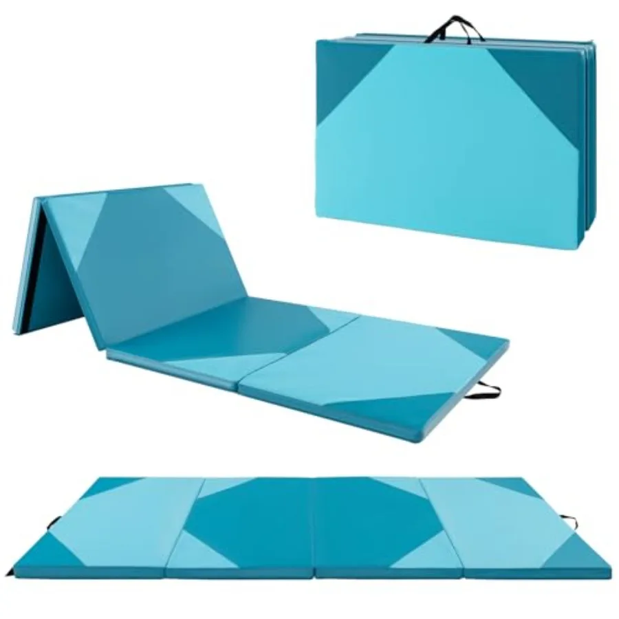 Gymnastics mat for stretching yoga cheerleading martial arts: 4'x10'x2 4-panel folding portable EVA foam blue hook loop fastene