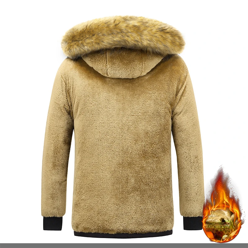 Men's Long Winter Warm Coats Turtleneck Fleece Parka Jacket Windproof Padded Puffy Coat with Removable Fur Hood