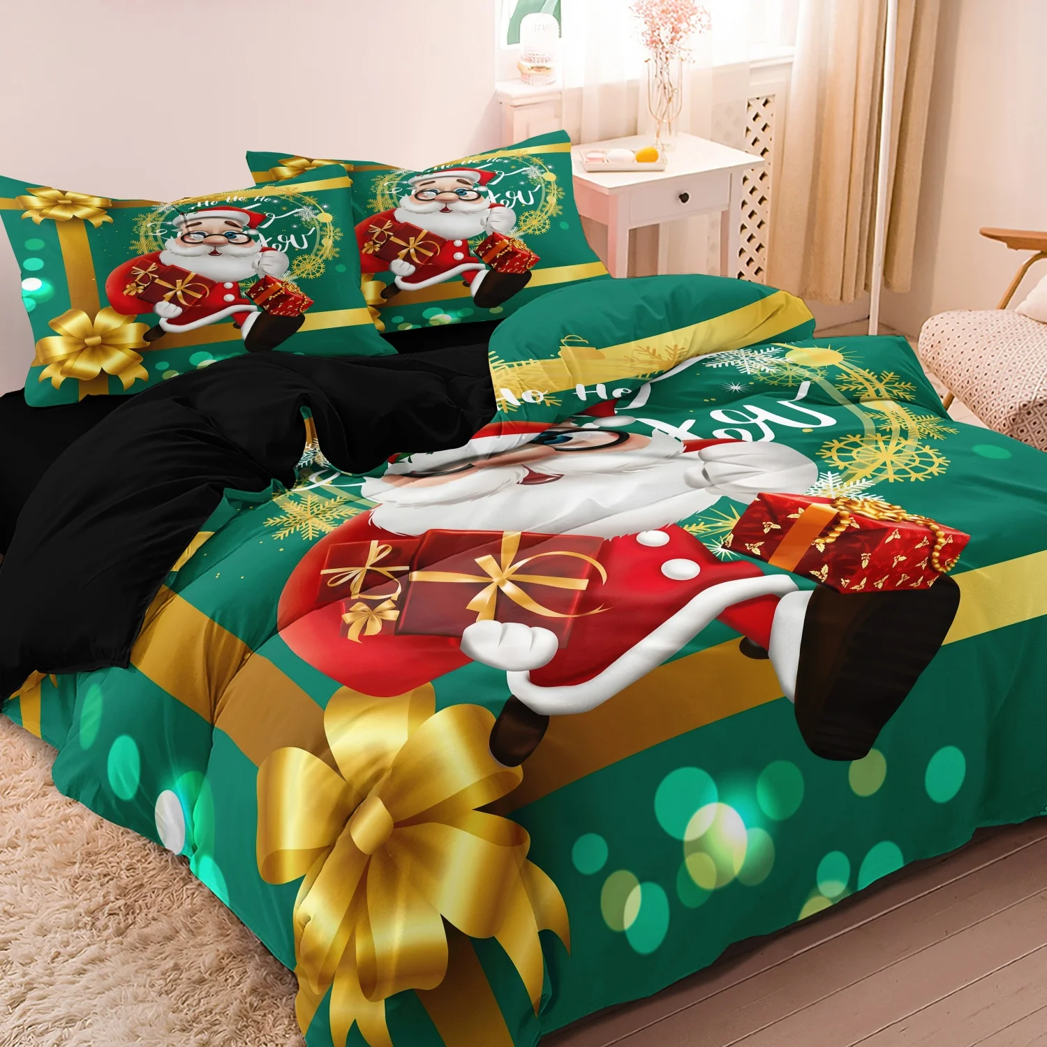 3Pcs Green Golden Bow Santa Duvet Cover Set, Luxury Christmas Santa Gift Box Bow Bokeh Light Pattern Bedding, Home Decoration