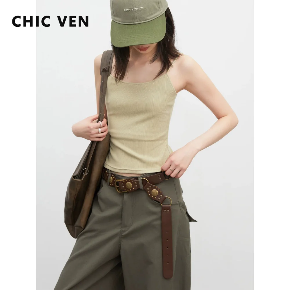 CHIC VEN Fashion Women Tanks Solid Slim Fried Dough Twists Shoulder Strap Short Ladies Sleeveless Vest Tops Spring Summer 2026