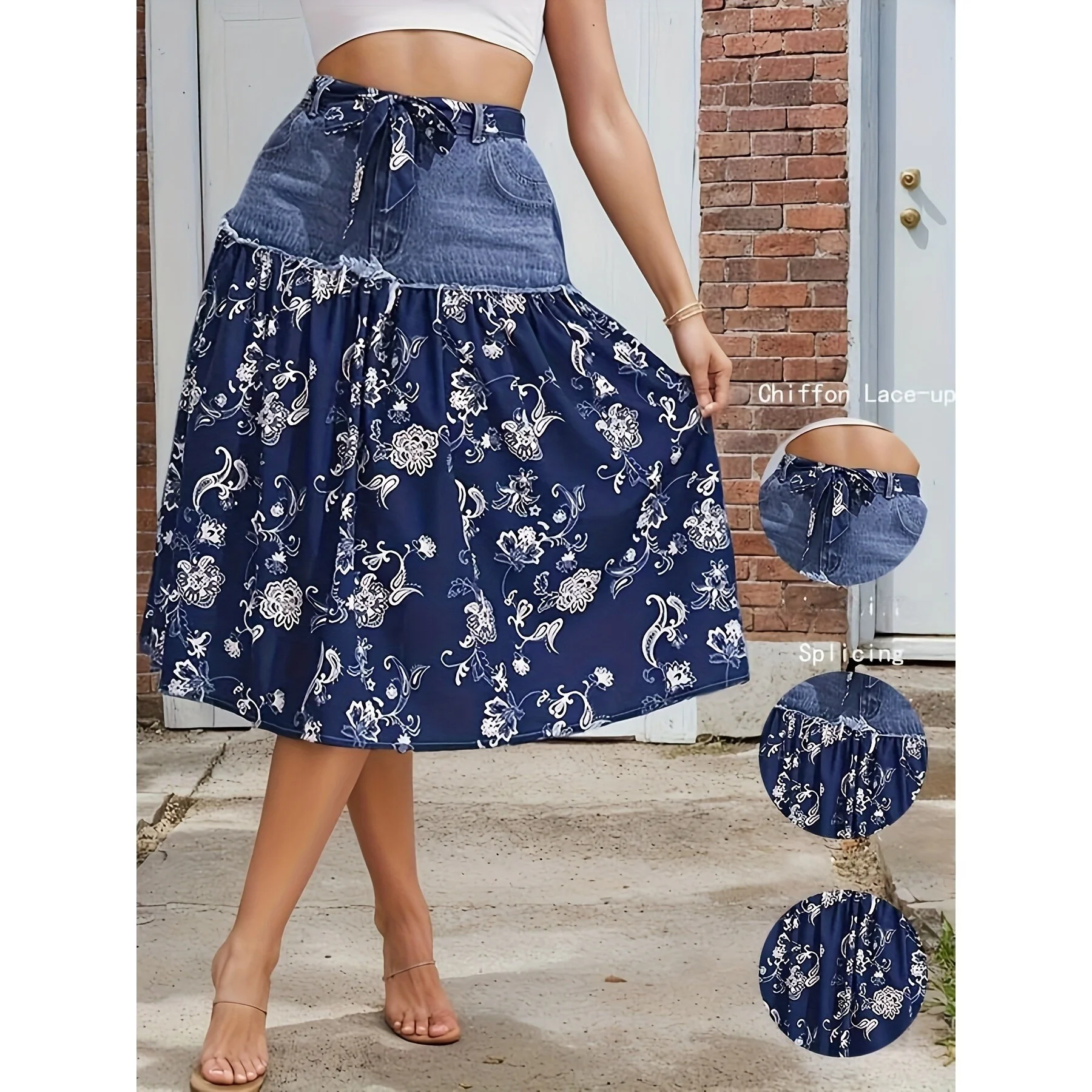 

TieDyed Chiffon Floral Print Half Skirt Women's plus Size Fashion Spring Autumn Winter Seasonal Non Registered Brand Apparel