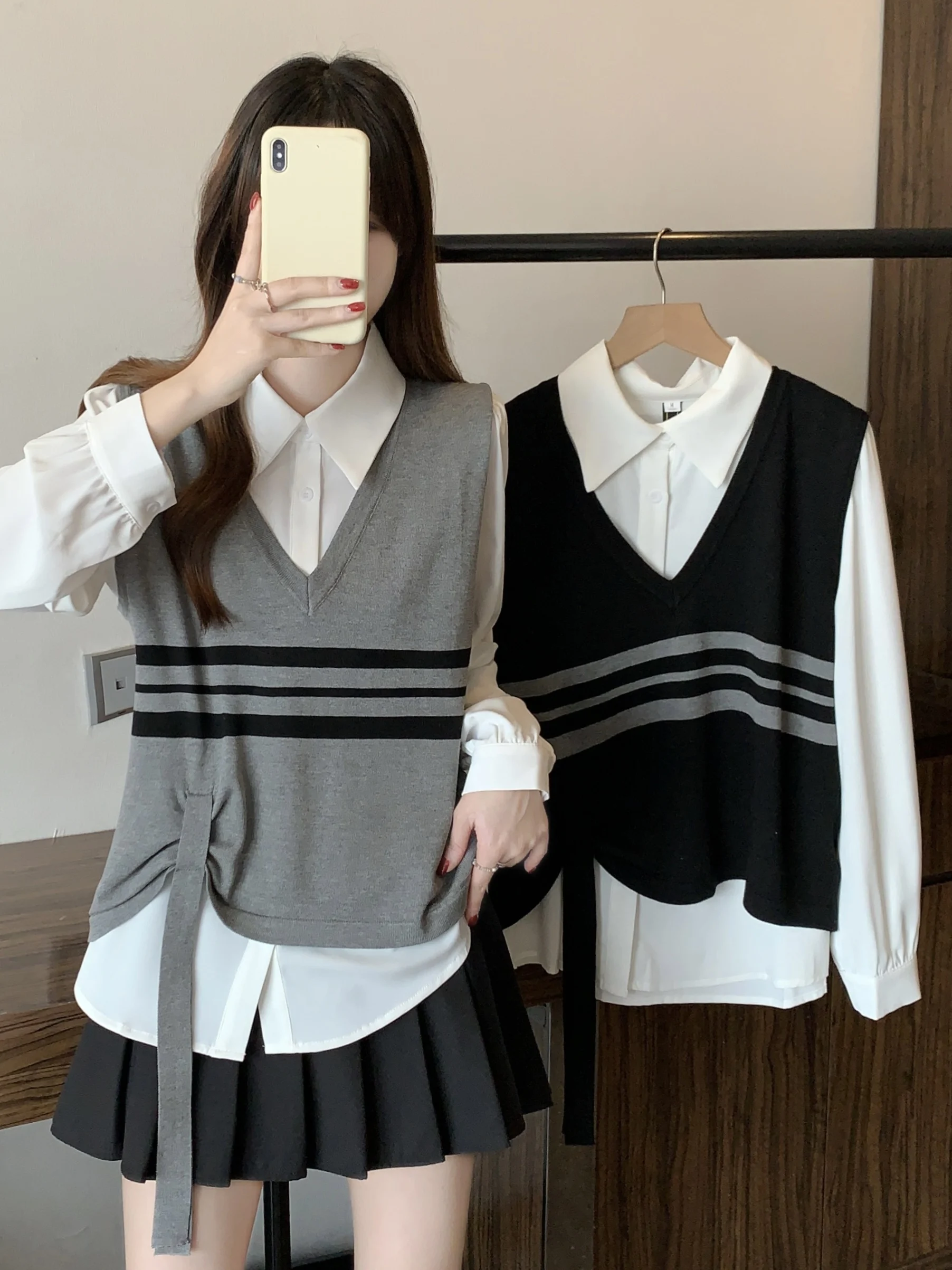 

plus Size Women's Layered Wear Set with Sashes Striped Vest Color Block Slimming Long Sleeve Collar Shirt Casual Outfit