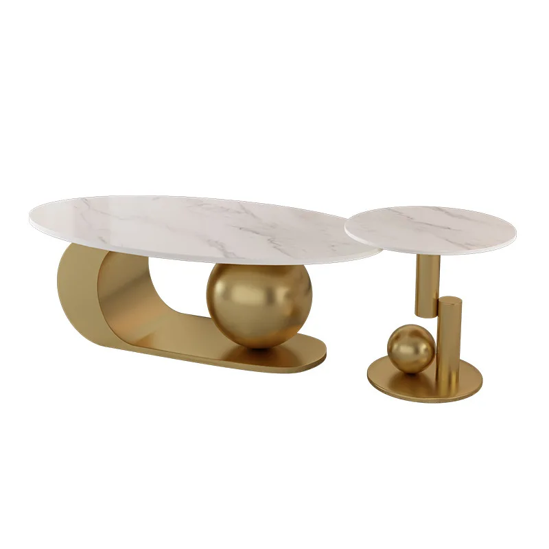 High End Italian Style Luxury Coffee Table Gold Metal Base Rock Plate Tea Table Customized Design Oval Coffee Side Table